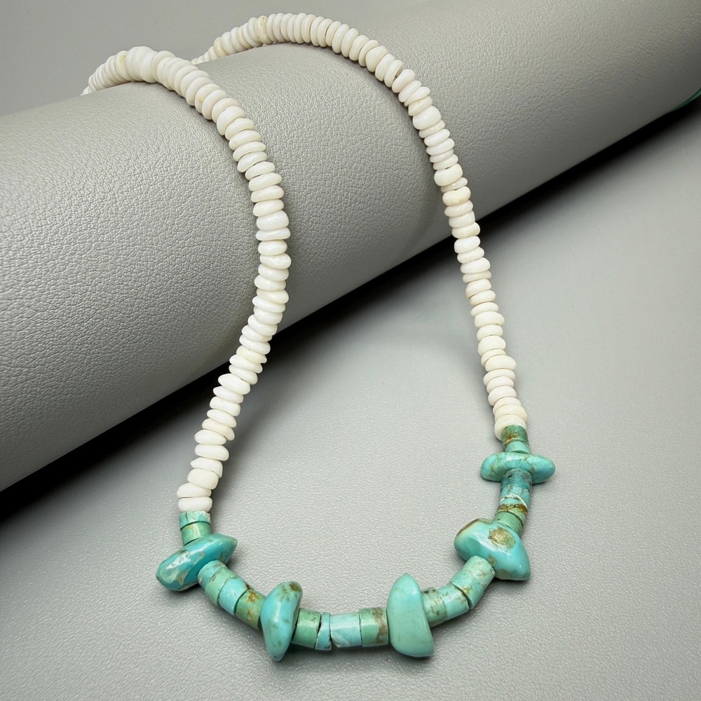 Vintage Puka Shell and Turquoise Nugget Necklace 15" Hawaiian Chic Layering